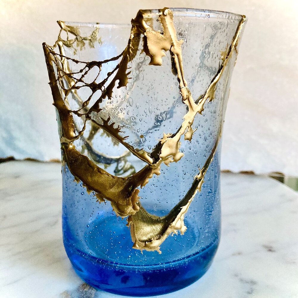 KINTSUGI MINI VASE ART PIECE STORM IN BLUE GOLD GLASS JULISKA 4.5" HAND MADE NEW